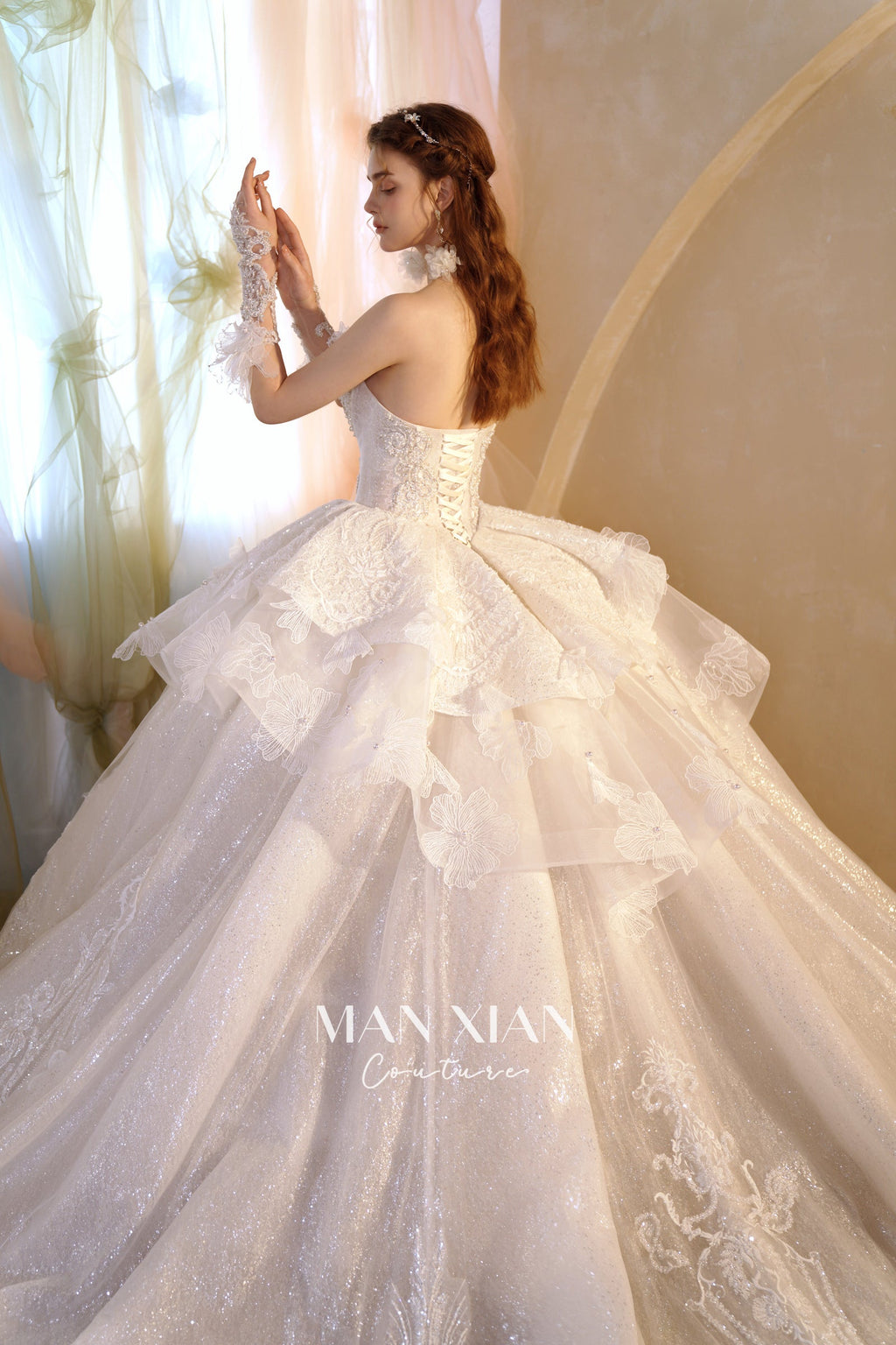Ethereal Strapless 3D Floral Ball Gown Wedding Dress with Cathedral Train & Glitter Tulle
