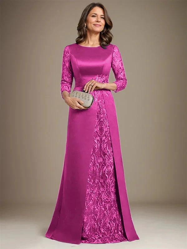 A-Line Scoop Floor-Length Lace Satin Mother Of the Bride Dress With Applique by Dreamylily