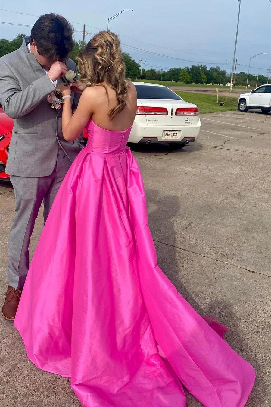 Fuchsia Strapless Satin Sweeping Long Prom Evening Dress With Pockets