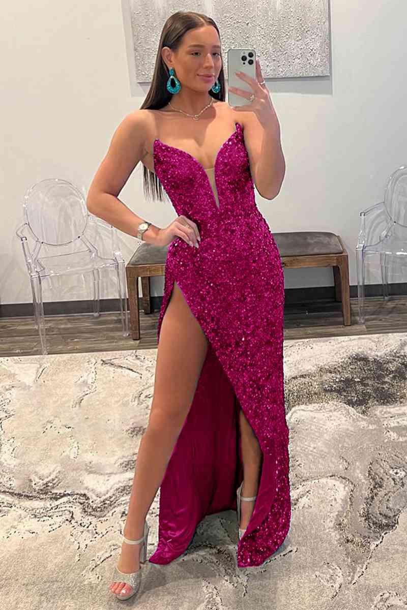 Strapless Sequin Prom Dress With Slit SYP112