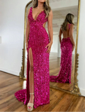 Sequin V-Neck Mermaid Prom Dress | Sleeveless High-Slit Evening Gown with Open Back