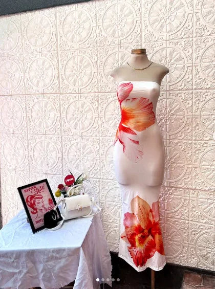 Beautiful Strapless Satin Print Floral Prom Dress Sheath Evening Dress Y8239