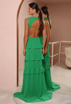 Emerald Green Deep V Neck Layered Ruffles Evening Dress Backless Long Prom Dress Y8386