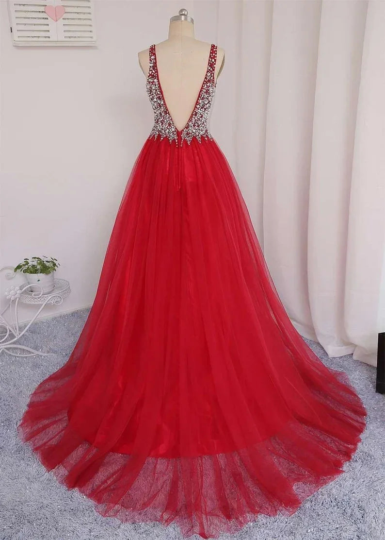 V Neckline Prom Dress Tulle Skirt Evening Dress Graduation Party Dress Formal Dress Dresses For Prom Special Occasion Dress Y792