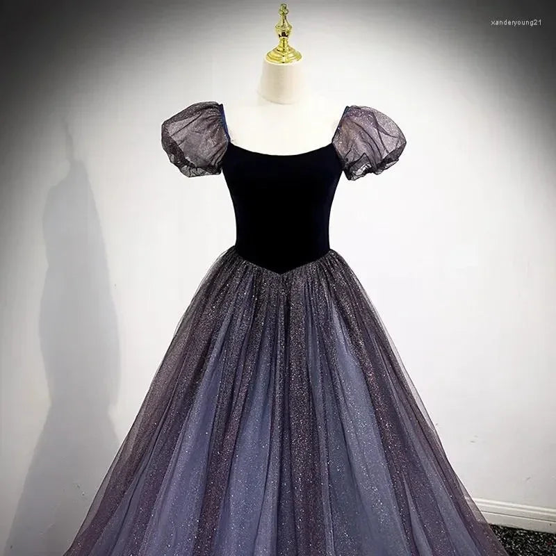 Purple Tulle Short Sleeve Formal Dress Cute A-Line Evening Dress Y4291