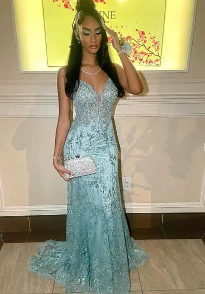 Charming Spaghetti Straps Lace Appliques Evening Dress Mermaid Prom Dress Y7921