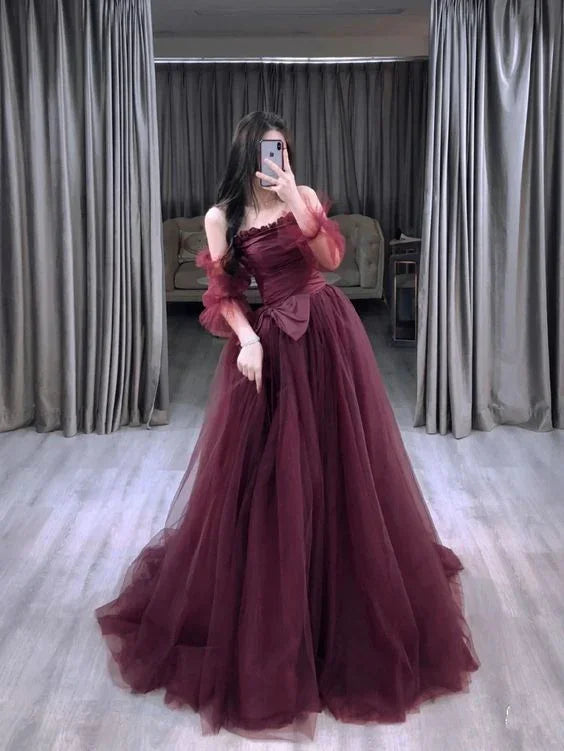Charming A-line Tulle Prom Dress Evening Dress With Waist Bow Y6798
