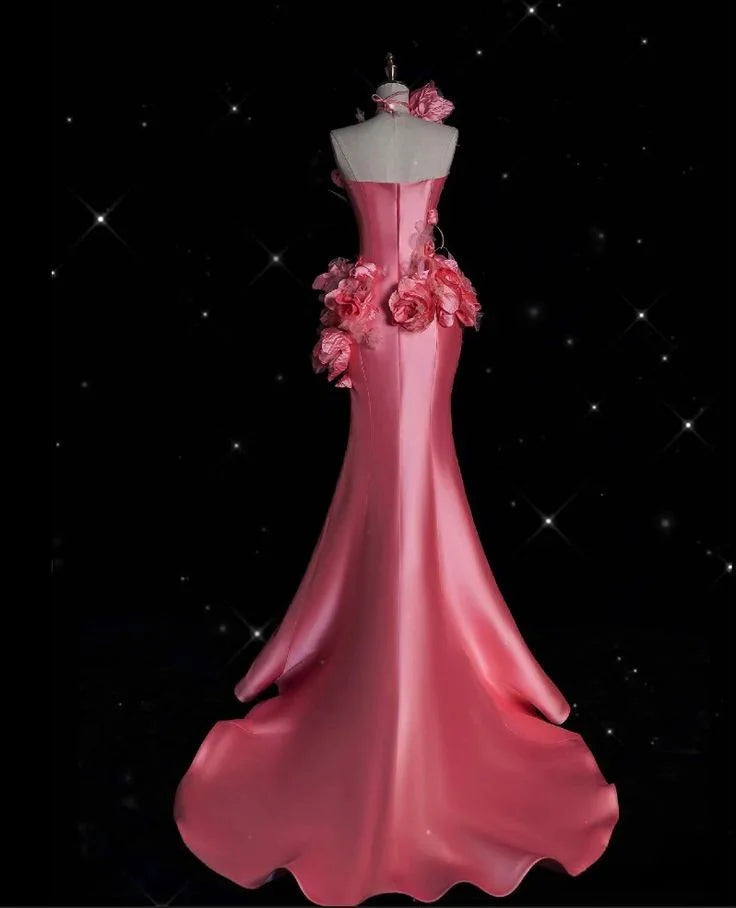 Pretty Pink Satin 3D Flowers Mermaid Prom Dress Long Evening Dress Y8339
