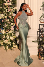 Glamorous Dusty Sage Long Mermaid High Neck Satin Sleeveless Lace Prom Dress