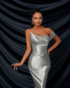 Glamorous Long Silver One Shoulder Sequined Sleeveless Mermaid Prom Dress