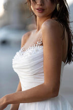 Glamorous Off-Shoulder Sweetheart Pearls Modest Wedding Dress