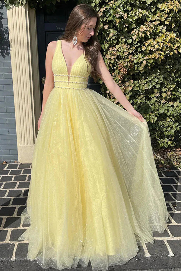 Glitter Yellow A-Line Beaded Long Tulle Prom Formal Dress