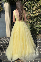 Glitter Yellow A-Line Beaded Long Tulle Prom Formal Dress