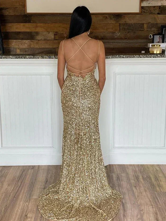 Glitter Sequin Prom Dress with Slit Scoop Neck Prom Dress SYP171
