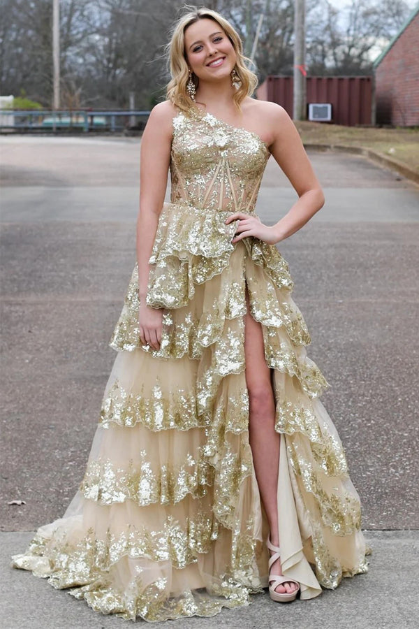 Navy Blue Tulle Sequin One-Shoulder Long Prom Dress with Slit