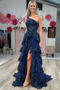 Navy Blue Tulle Sequin One-Shoulder Long Prom Dress with Slit