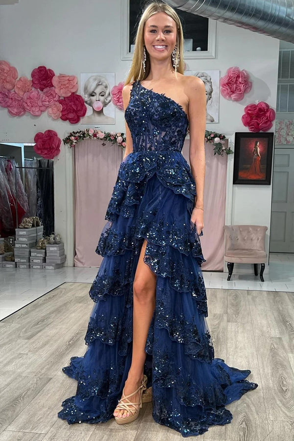 Navy Blue Tulle Sequin One-Shoulder Long Prom Dress with Slit
