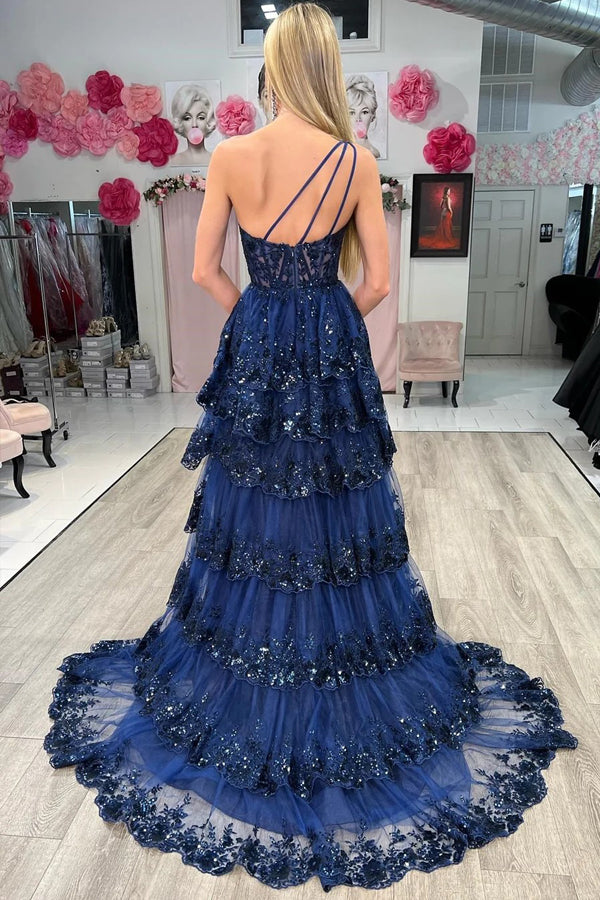 Navy Blue Tulle Sequin One-Shoulder Long Prom Dress with Slit