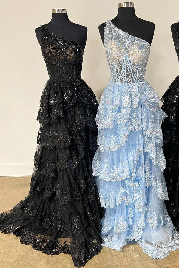 Navy Blue Tulle Sequin One-Shoulder Long Prom Dress with Slit