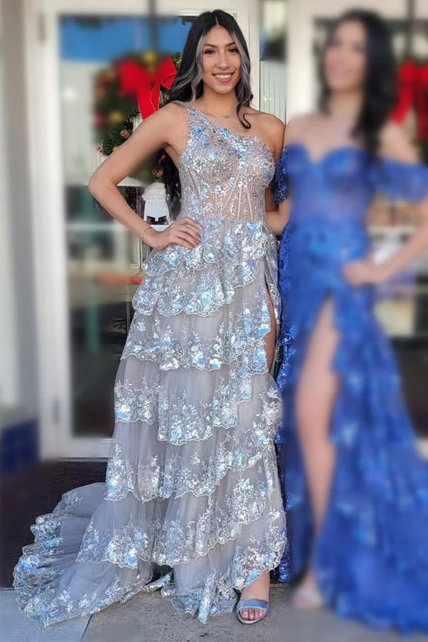 Navy Blue Tulle Sequin One-Shoulder Long Prom Dress with Slit