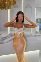 Gorgeous Long Mermaid Gold Sleeveless Jewel Prom Dress with Glitter