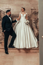 Gorgeous Princess A-line Satin Lace Wedding Dresses With Long Sleeves