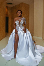Gorgeous Long A-line Satin One Shoulder Beading Appliques Lace Wedding Dress with Slit