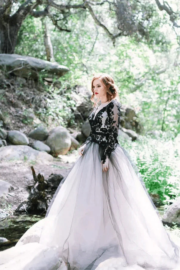 Gorgeous A-line V neck Long Sleeve Black Lace Wedding Dress Bridal Gown