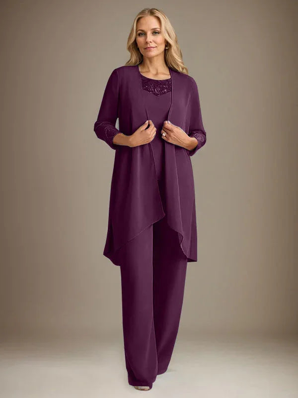 Chiffon Scoop Long Sleeves Mother Of The Bride Pantsuits With Jacket