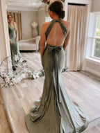 Gray Green Satin Mermaid Bridesmaid Dresses With Sweep Train  BD089