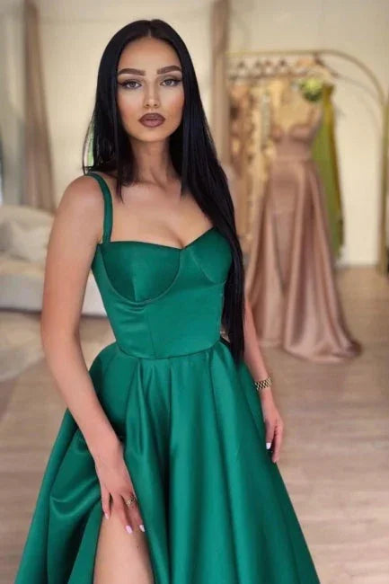 Green Shiny Elastic Satin Front Split Court Train Prom Dress