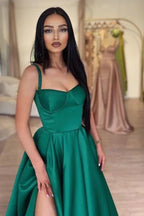 Green Shiny Elastic Satin Front Split Court Train Prom Dress