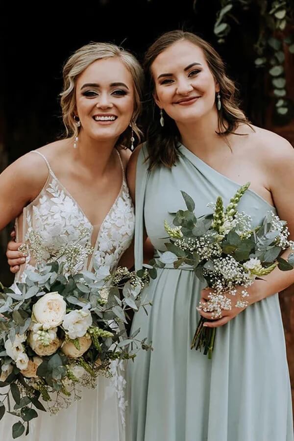 Green Chiffon One Shoulder Long Bridesmaid Dresses With Sweep Train