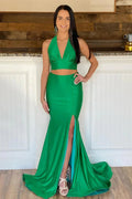 Green Halter Mermaid Prom Gown With Slit SYP166