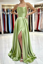 Satin Simple A Line Backless Long Prom Dresses with Leg Slit