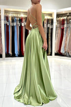 Satin Simple A Line Backless Long Prom Dresses with Leg Slit