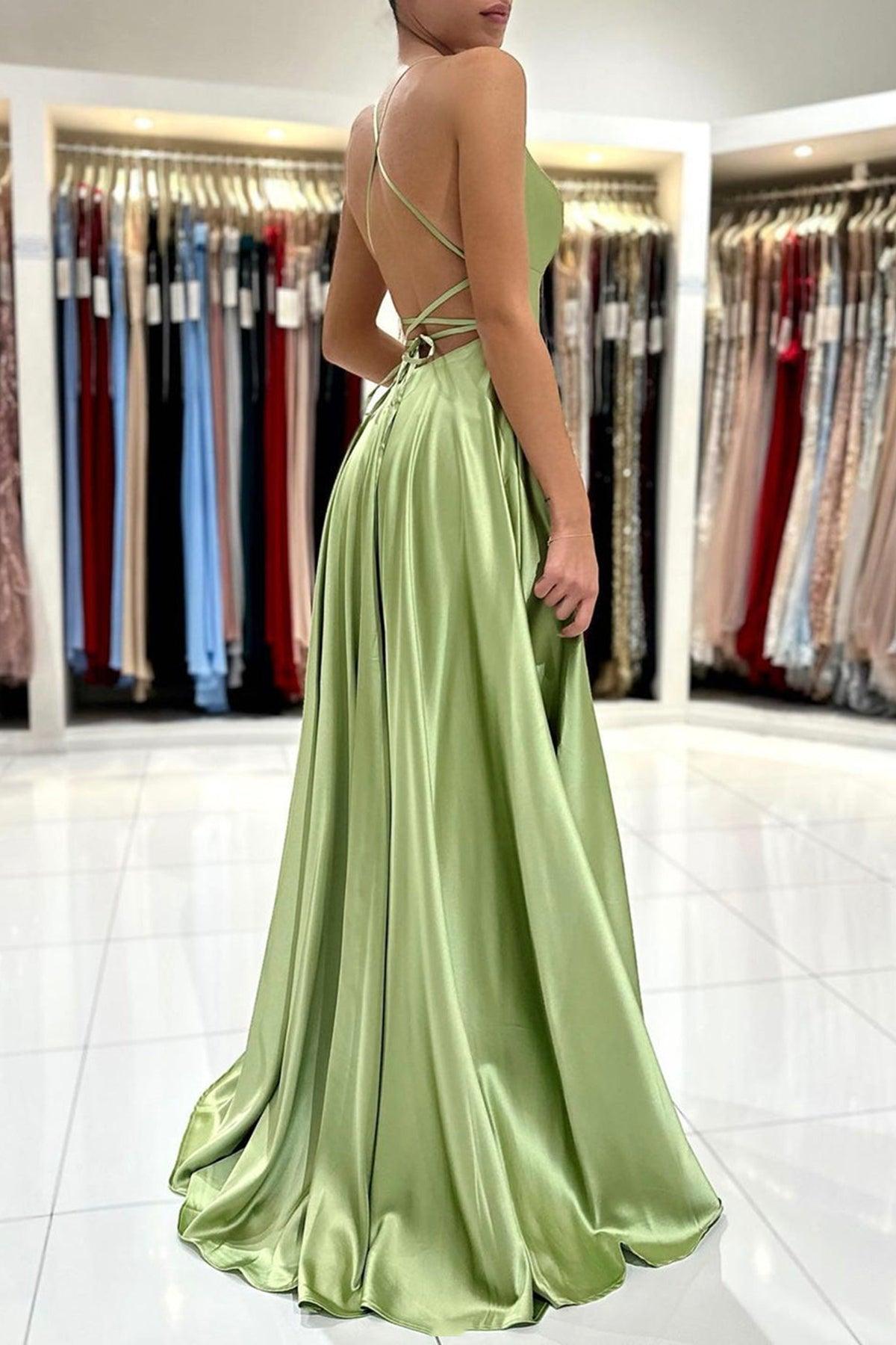 Satin Simple A Line Backless Long Prom Dresses with Leg Slit