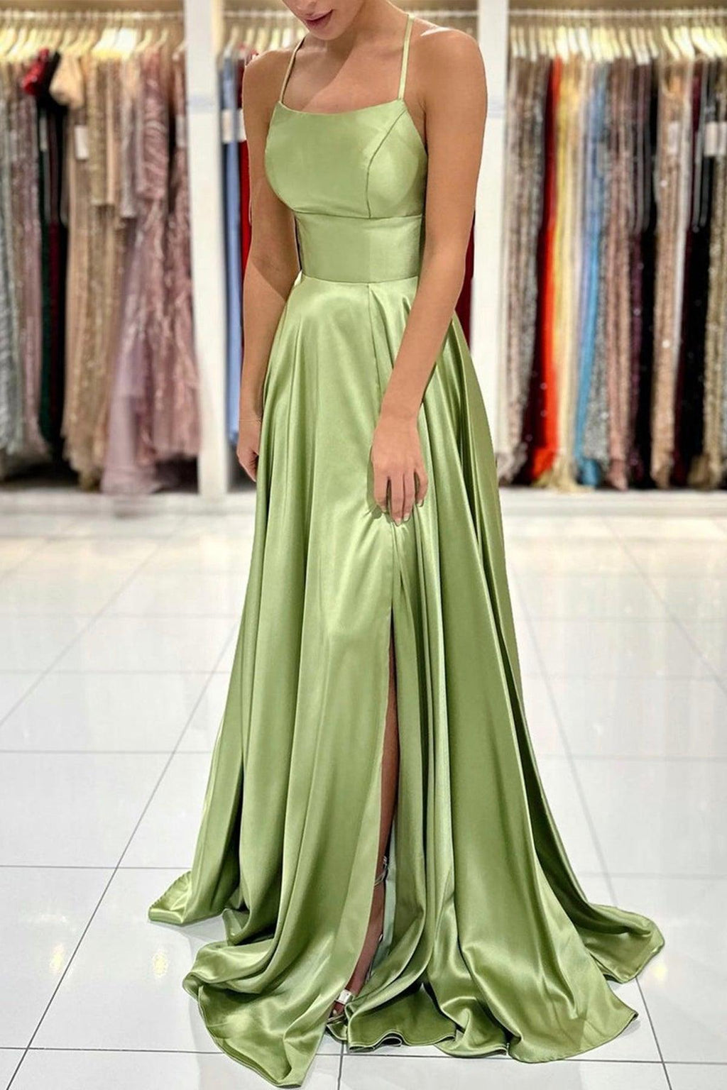 Satin Simple A Line Backless Long Prom Dresses with Leg Slit