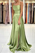 Satin Simple A Line Backless Long Prom Dresses with Leg Slit
