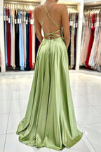 Satin Simple A Line Backless Long Prom Dresses with Leg Slit