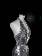 Sparkly Silver Deep V Halter Sequins Beaded Backless Evening Dress Mermaid Prom Dress Y8687