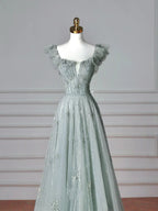Pretty Light Green Square Neck Tulle Beaded Prom Dress A Line Evening Dress Y8612