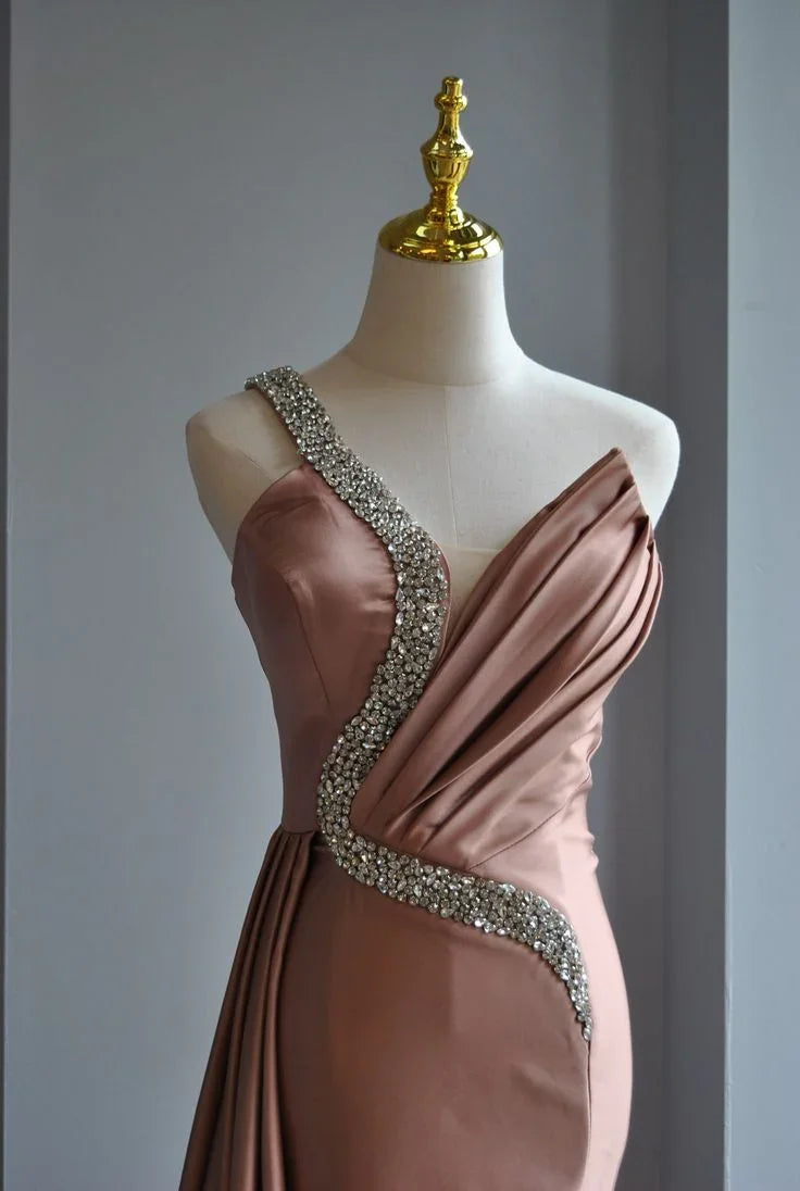 Rose Pink Crystal Beaded Evening Dress One Shoulder Satin Mermaid Long Prom Dress Y8519