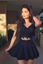 Black Cap Sleeve Sweetheart Lace Appliques Homecoming Dress, Short Prom Dress