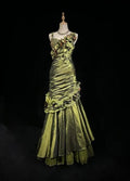 Vintage Dark Green Irregular Neckline Satin Beaded Evening Dress Ruched Mermaid Prom Dress Y8560