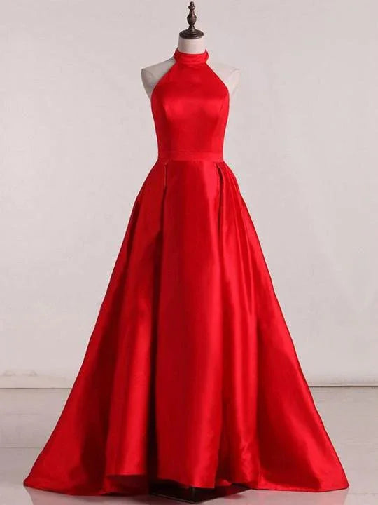 Sleeveless Halter Open Back Prom Dresses A Line Satin Evening Dresses Y941