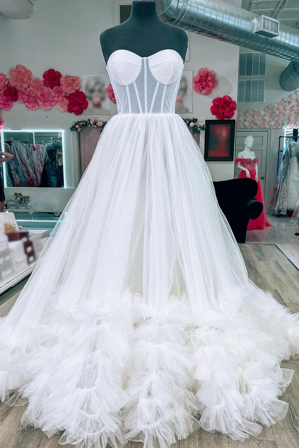 A-line Corset Strapless Tulle Prom Dress with Ruffles