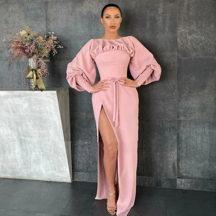 Pink Boat Neck Prom Dress Long Sleeves High Slit Satin Evening Dress Buttoned Cuffs Sheath Formal Party Dress Y4875