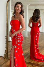 Sheath Strapless Satin Prom Dress with Slit