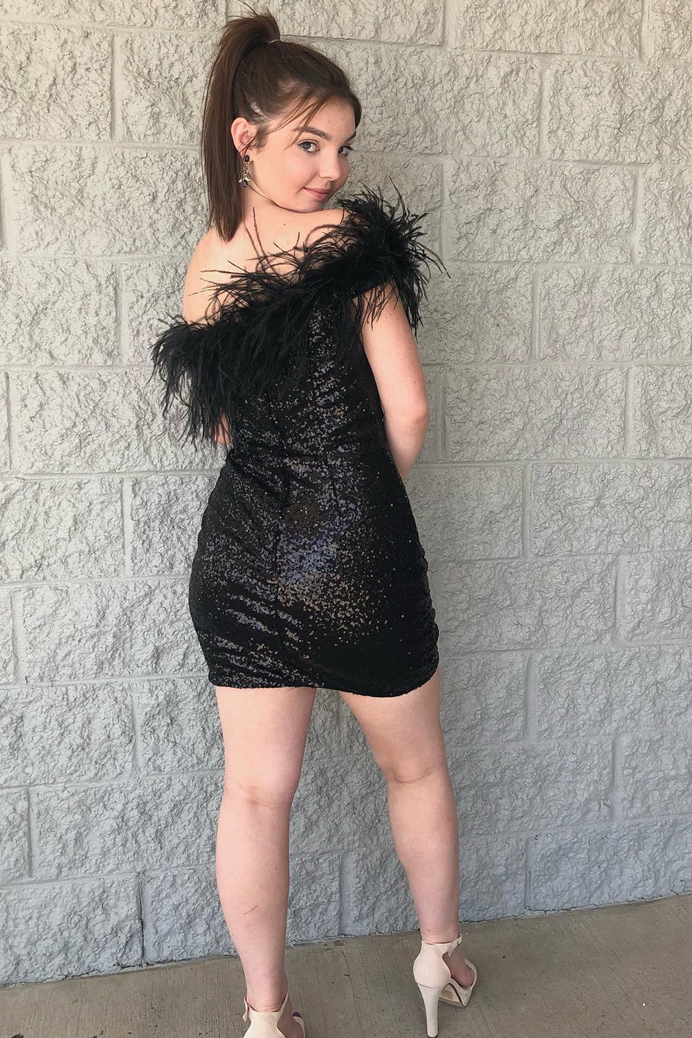 Sparkly Tight Sequins Homecoming Dress with Feathers